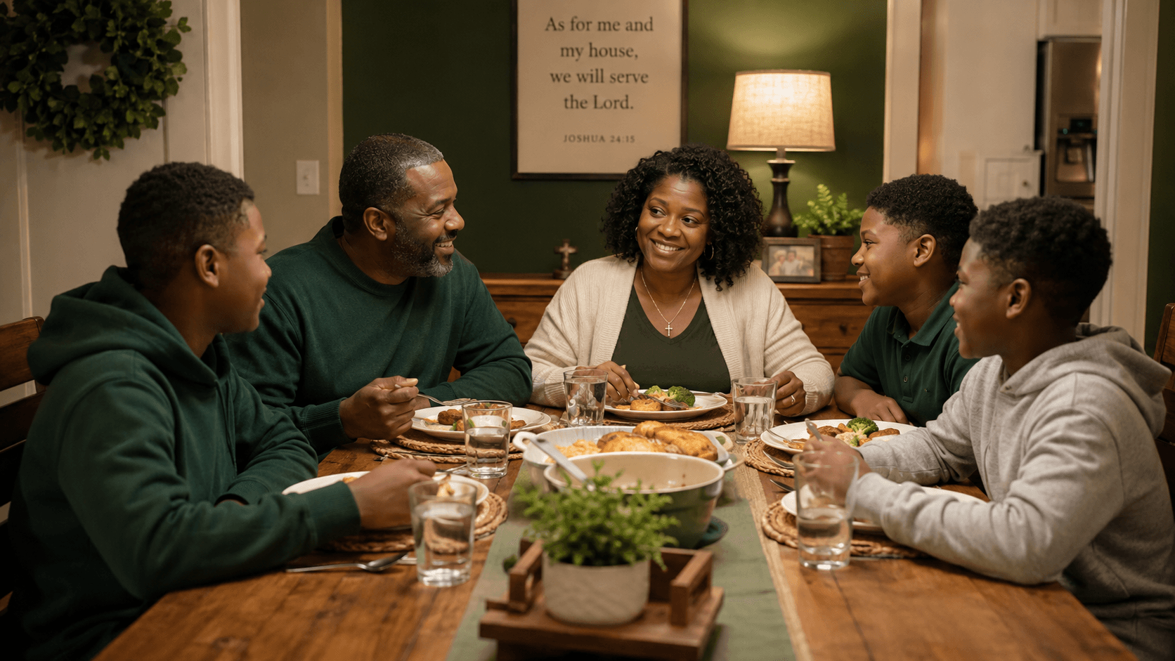 Illustration of the planned family-style dinner — houseparents and students around the table
